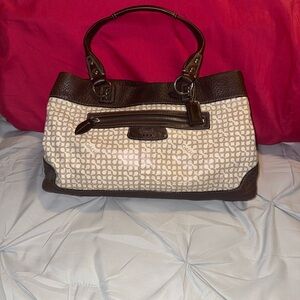 Coach Signature Jacquard Shoulder Bag Brown Leather Trim Pink Satin Interior